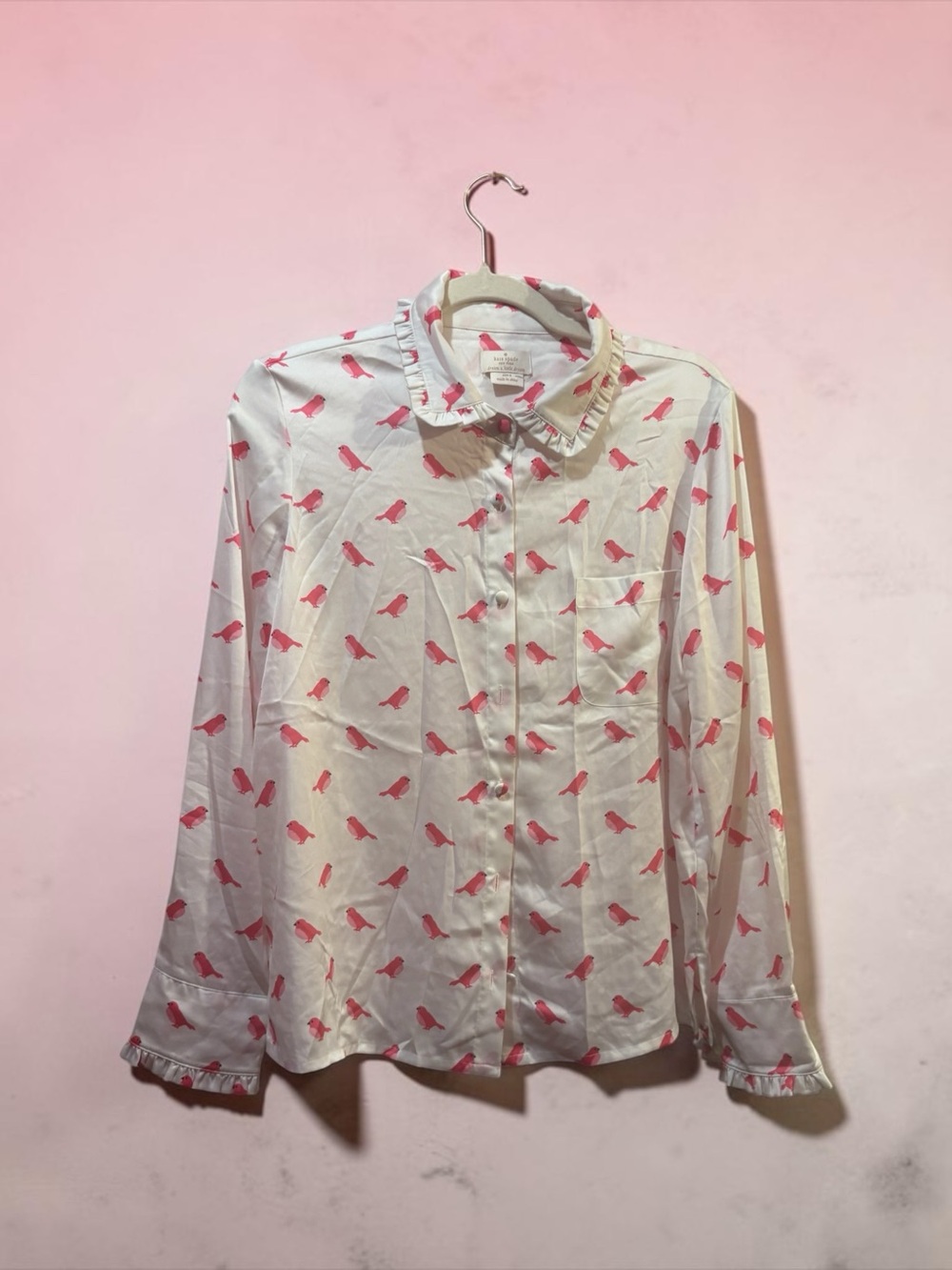 kate spade dream a little dream pink bird print ruffle blouse pajama top M